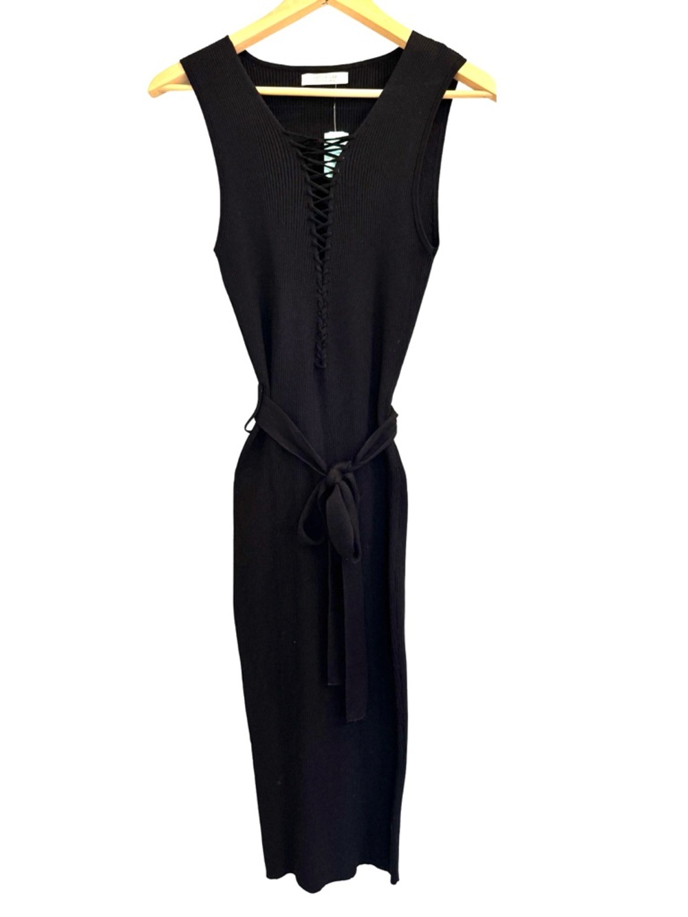 Black Ribbed Lace-Up Midi Dress | Tie Waist Bodycon | NWT